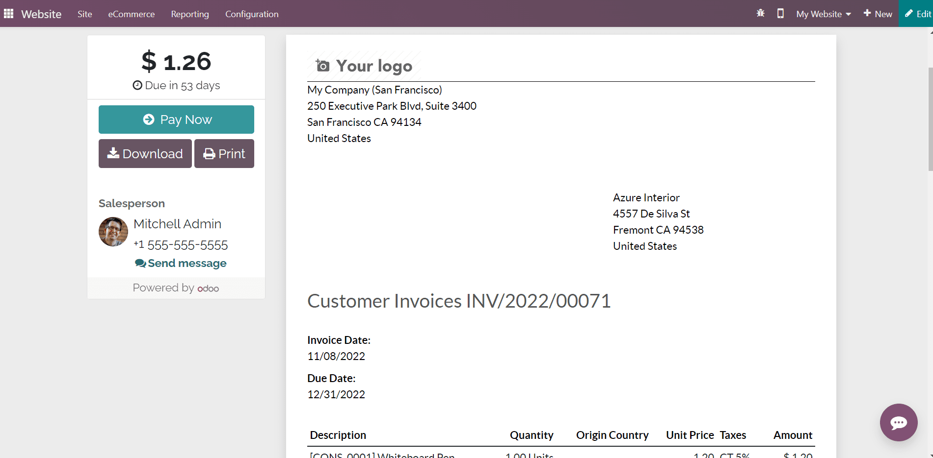 Customer Invoice Screen in PerfectWORK