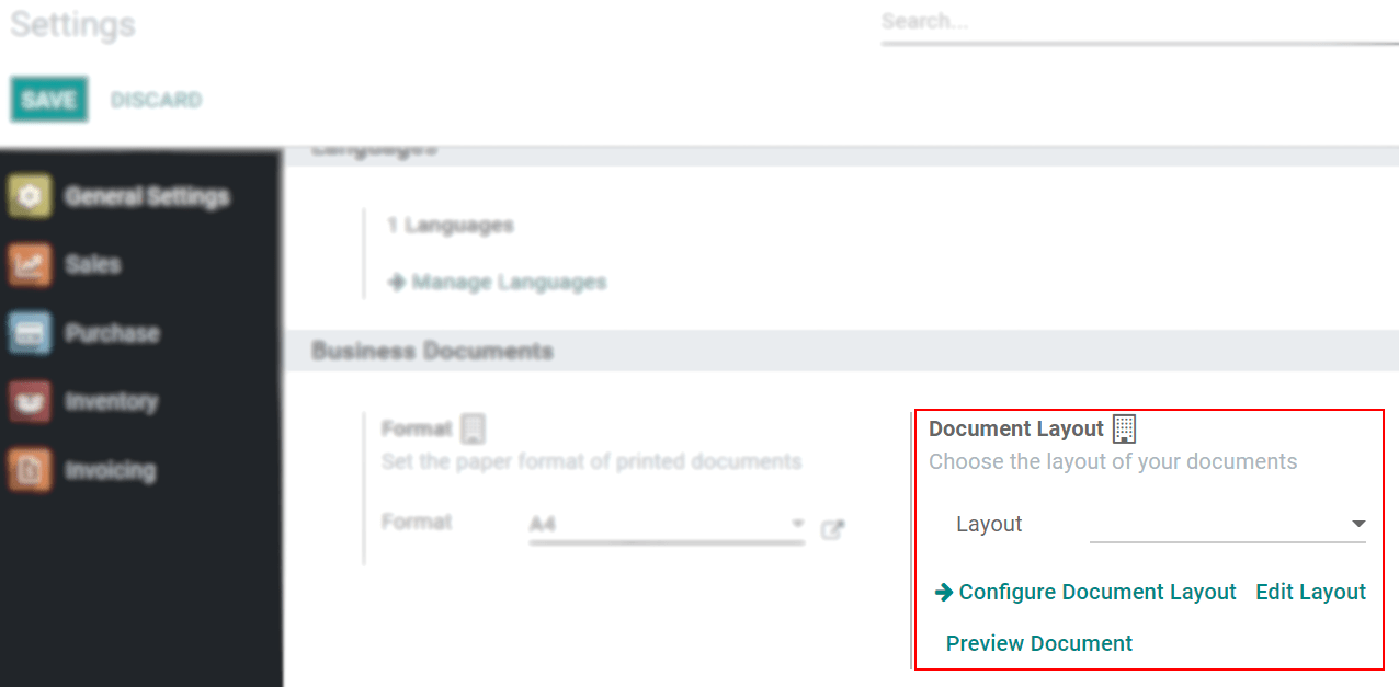 View of the settings page emphasizing the document layout field in PerfectWORK