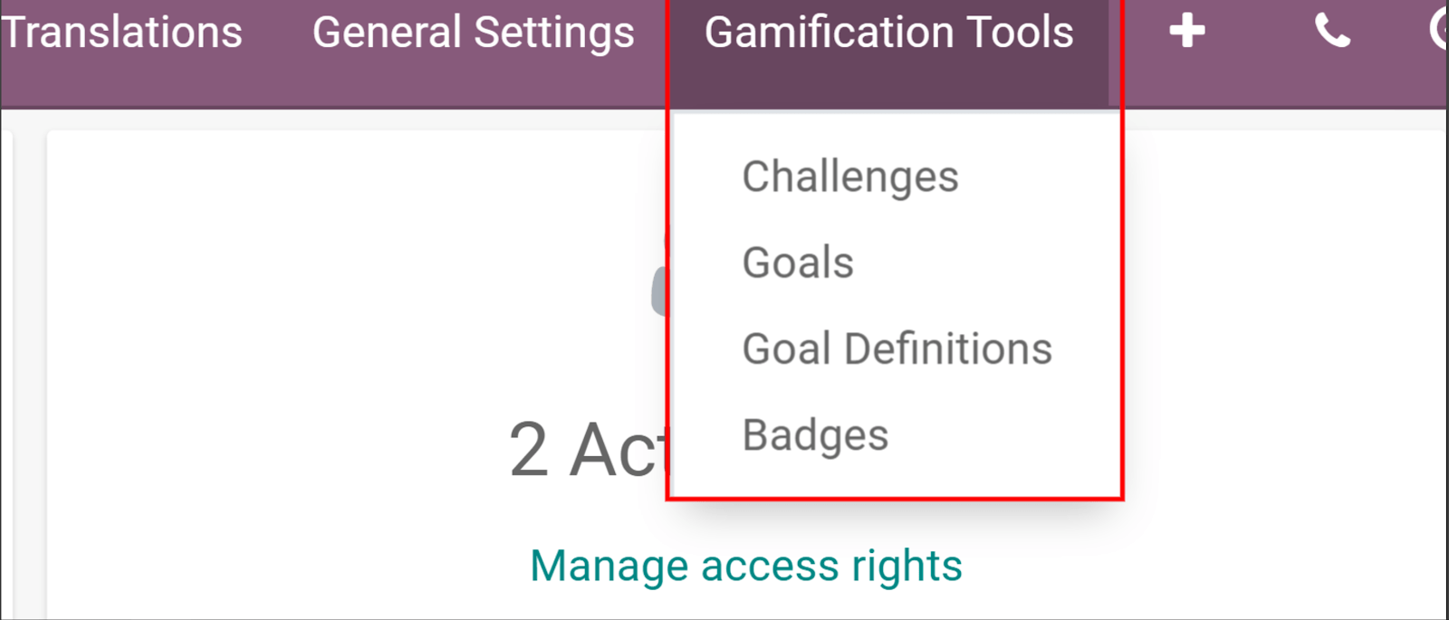 View if the gamification tools menu in PerfectWORK Settings