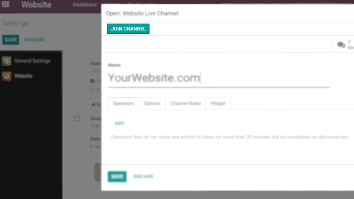 View of a channel form and the option to join a channel for PerfectWORK Live Chat