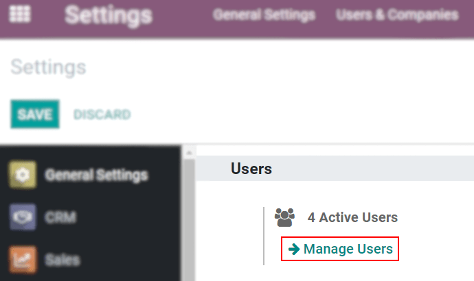 View of the settings page emphasizing the manage users field in PerfectWORK