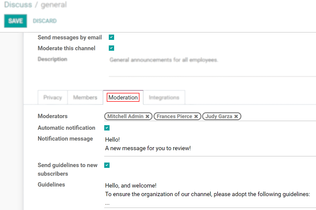 View of a channel’s settings form emphasizing the tab moderation in PerfectWORK Connect