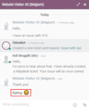 View of a chat window from an operator’s side highlighting a rating for PerfectWORK Live Chat