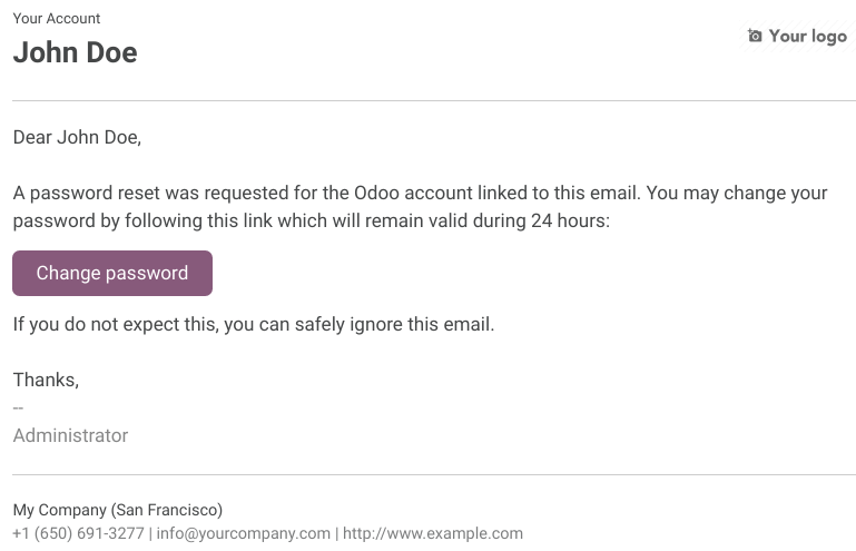 Example of an email with a password reset link for an PerfectWORK account