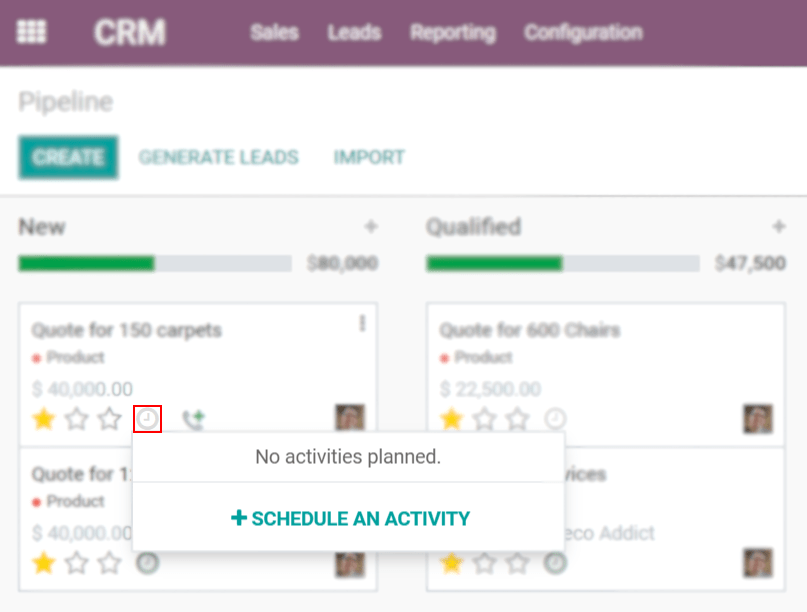 View of crm leads and the option to schedule an activity for PerfectWORK Connect