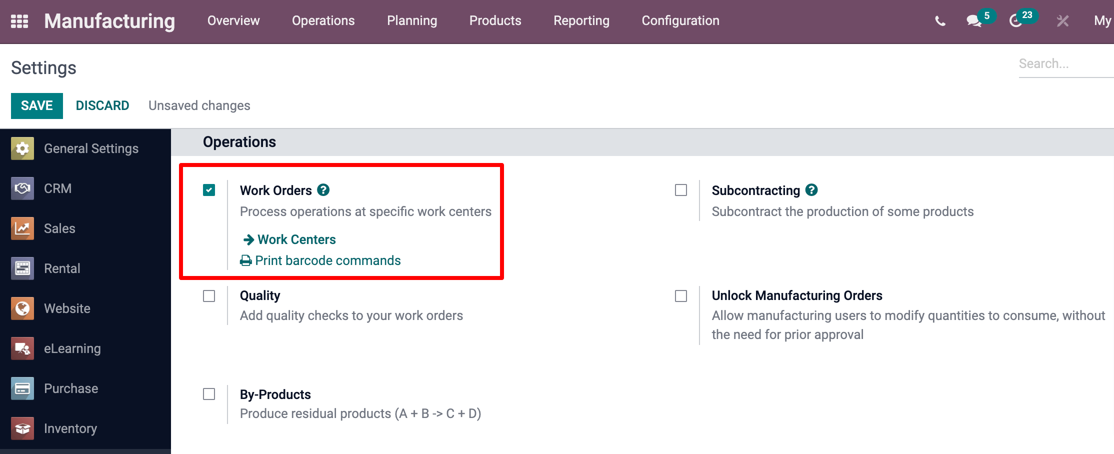 Work order settings ticked in PerfectWORK Manufacturing.